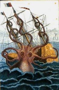 A drawing of the Kraken attacking a ship.