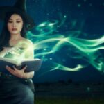 light-skinned Asian woman dressed as a witch and casting a green spell
