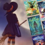 middle grade witch books collage with a young witch on a broom stick