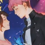 a cropped cover of once upon a k-prom showing an illustration of two teens looking into each other's eyes at a dance