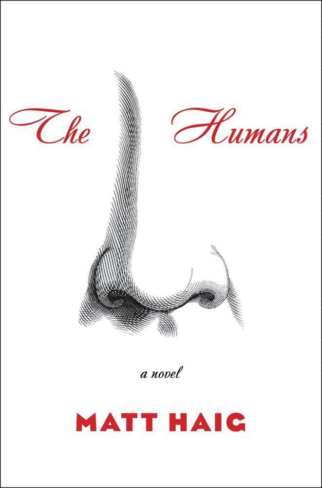 The Humans by Matt Haig - book cover - drawing of a man's nose surrounded by red text