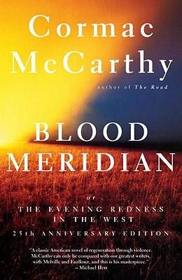 Book cover of Blood Meridian by Cormac McCarthy; photo of a setting sun across grassy plains
