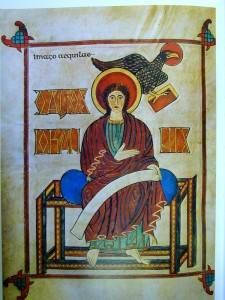 Portrait of John the Evangelist displaying the Byzantine influences in the Lindisfarne Gospels.