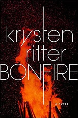 cover of Bonfire by Krysten Ritter, cover image is a close up of a bonfire with tall flames against the sky