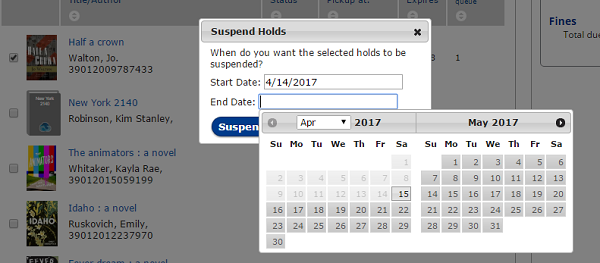 Screenshot of Library Suspend Holds Feature