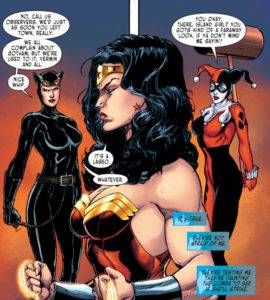 Wonder Woman with Catwoman and Harley Quinn in Gotham City.
