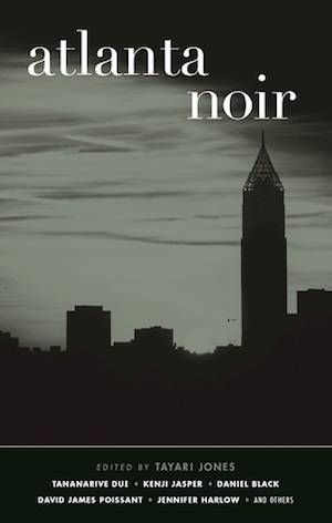 Atlanta Noir book cover: black and white silhouette of buildings in Atlanta