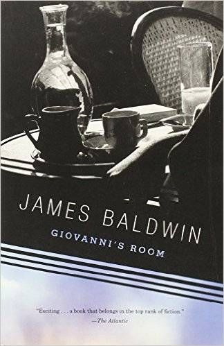 cover of Giovanni's Room by James Baldwin: black and white image of a water jug, creamer, and coffee mug on a tray with a wicker chair in the background; part of list of books to read this Pride