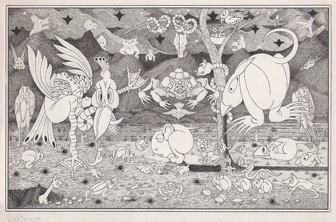 Herbert Crowley ink and pen illustration of monsters