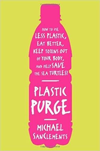 Plastic Purge book cover, an illustration of a bright pink water bottle