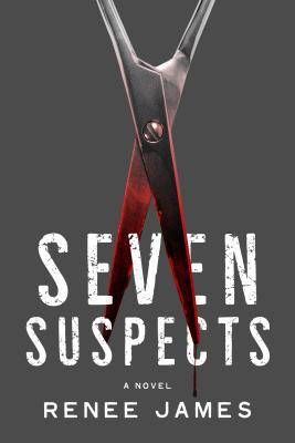 Seven Suspects cover image: grey background with title and pair of bloody scissors cutting through the V and E