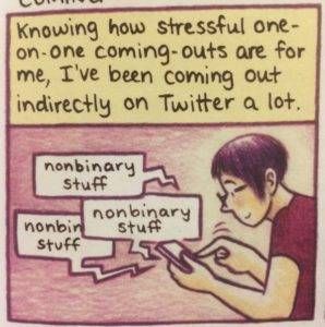 Gillman tweets "non binary stuff" on her phone, with caption "Knowing how stressful one-on-one coming-outs are for me, I've been coming out indirectly on Twitter a lot."