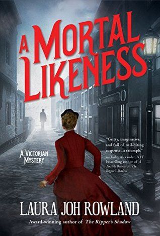 cover image: a woman in a red victorian dress from behind running down a street towards a figure.