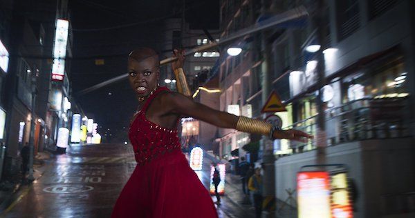Okoye swinging her spear in the Black Panther movie