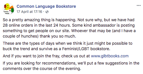 Queer Bookstores to Visit | Facebook post from Common Language queer bookstore thanking their patrons