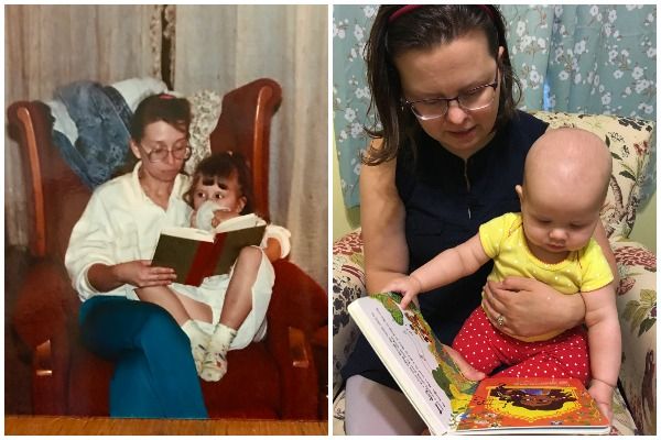 Contributor Margaret Kingsbury reads with her child, and her mother reads with her as a child, shared in celebration of bookish moms for Mother's Day