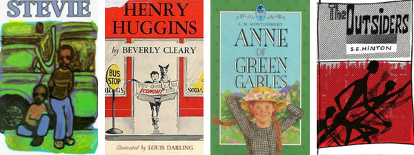 Classic Realistic Fiction Children's Books - Stevie by John Steptoe, Anne of Green Gables by L.M. Montgomery, Henry Huggins by Beverly Cleary, and The Outsiders by S.E. Hinton