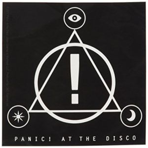 Panic at the Disco logo, featuring a triangle with an exclamation point in the center, surrounded by a circle