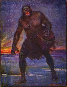 Painting of literary monster Grendel from Beowulf walking in the snow, literary monsters
