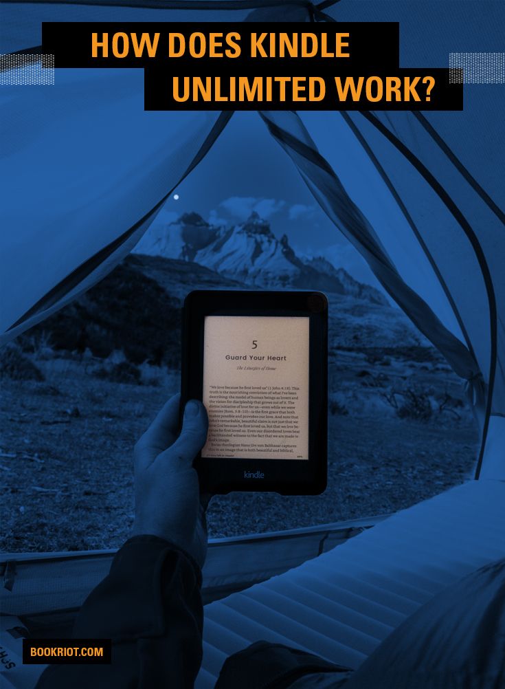 An image of a hand holding a kindle at the opening of a tent in the mountains