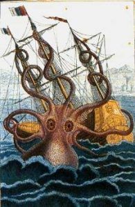 A drawing of the Kraken attacking a ship.