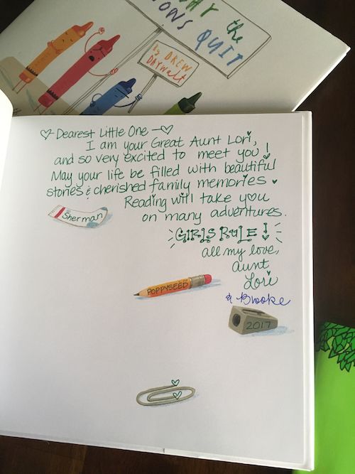 Inscription in a baby shower book.