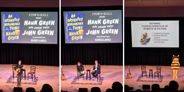Hank and John Green at the New York event for Hank Green's new book, An Absolutely Remarkable Thing