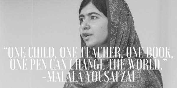 One Child, One Teacher, One Book, One Pen Can Change the World Quote from 25 Inspiring Malala Yousafzai Quotes | bookriot.com