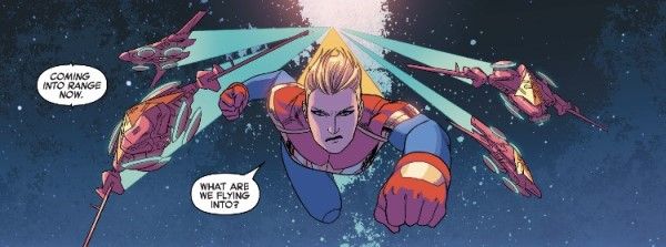 Captain Marvel flies through space without a helmet