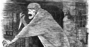 The 'Nemesis of Neglect'- Jack the Ripper depicted as a phantom stalking Whitechapel, and as an embodiment of social neglect, in a Punch cartoon of 1888 feature