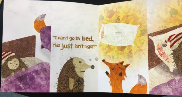 A fox and a hedgehog look worried, with images of beds and pillows and the text "I can't go to bed, this just isn't right!"