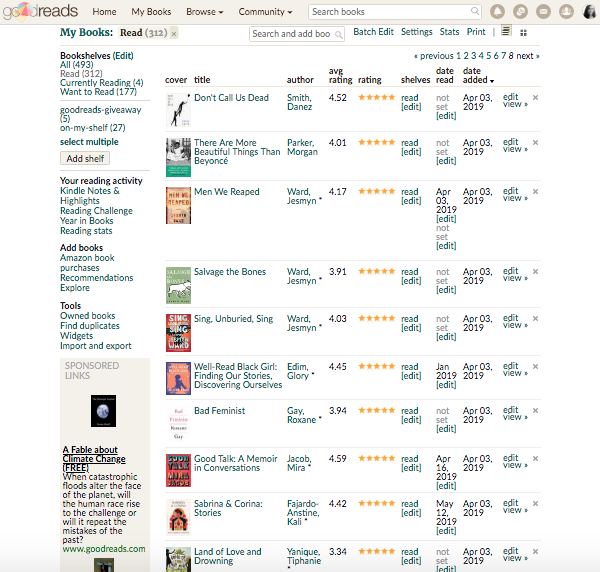 Five-star ratings of read books on Goodreads