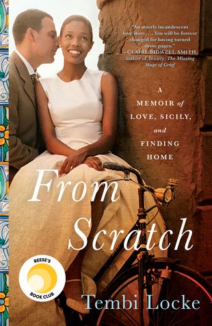 cover of From Scratch by Tembi Locke: a smiling Black woman in a white gown and a white man in a suit pressed up against her side affectionately