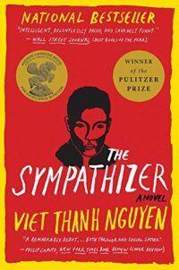 cover of The Sympathizer by Viet Thanh Nguyen, a red cover with a yellow border and a black ink illustration of a man's head and shoulders in the middle