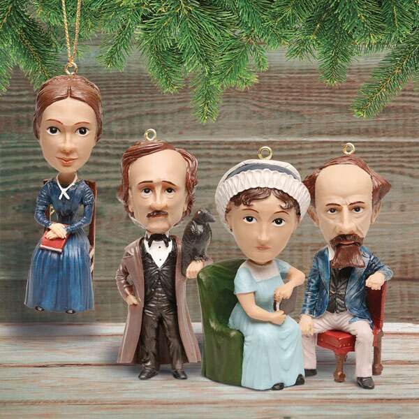 set of figurine ornaments-Emily Dickinson, Edgar Allan Poe, Jane Austen, and Charles Dickens