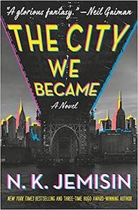 a 3D-neon version of the NYC skyline with a blurb from Neil Gaiman across the top saying "A glorious fantasy"