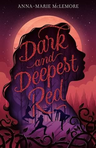 cover of Dark and Deepest Red by Anna-Marie McLemore; outline of a woman's face in purple over dancers in a field