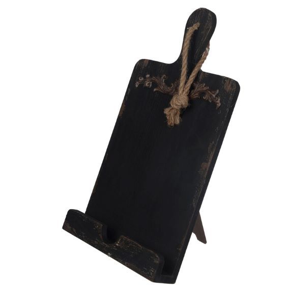 Black portable book stand. Wooden, oblong shaped. A loop is attached to the handle for easy storage. Link: https://secure.img1-fg.wfcdn.com/im/42447217/resize-h800-w800%5Ecompr-r85/3110/31102289/default_name.jpg
