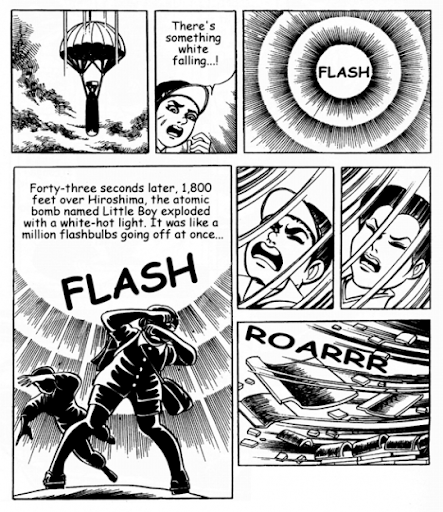 Panel from Barefoot Gen vol 1 by Keiji Nakazawa. A manga about living through the Atomic Bomb in Hiroshima 1973-1974 https://cbldf.org/2013/09/using-graphic-novels-in-education-barefoot-gen/
