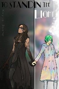 To Stand In The Light by Ennis Rook Bashe cover [cover is split down the middle. One side is black with person clad in all black with black-tinged arms and a black mask. The other side is a girl in a sea of pastel colors, a pastel coat, and line-green hair]