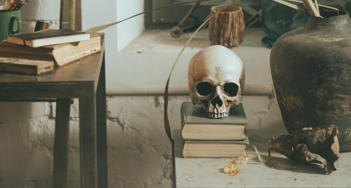 skull on stack of books for supernatural books for halloween