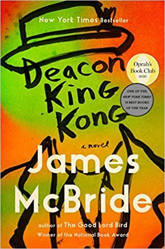 Deacon King Kong book cover, showing a line drawing of a faceless man wearing a pork pie hat against an orange and lime green background