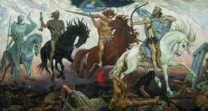 Four Horsemen of the Apocalypse, an 1887 painting by Viktor Vasnetsov. From left to right are Death, Famine, War, and Conquest; the Lamb is at the top