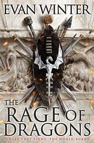 cover of The Rage of Dragons by Evan Winter, illustration of a black shield and swords with a white dragon emblem