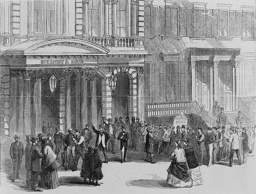 Crowd buying tickets for a Charles Dickens reading at Steinway Hall, New York. Source: United States Library of Congress Prints and Photographs Division