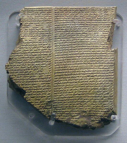 A clay tablet from the library of Ashurbanipal, containing part of the Epic of Gilgamesh. Source: Wikimedia commons