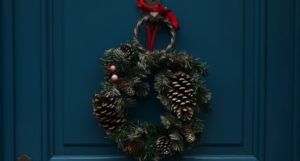 wreath on a blue door for christmas holiday
