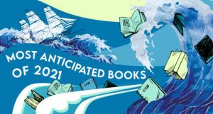 an illustration of ocean waves and a ship cresting the waves; there are books surfing the wave as well
