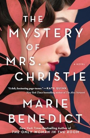 cover of The Mystery of Mrs. Christie by Marie benedict, featuring a white woman with red lipstick and brown hair, her face partially obscured by pink leaves