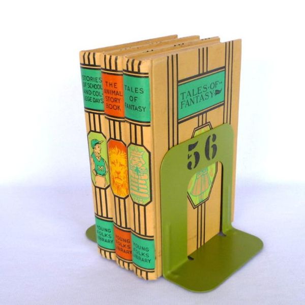 green metal bookends with the number 56 painted on 